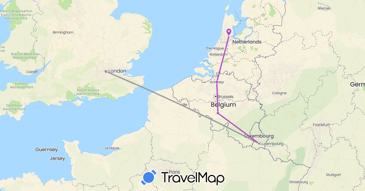 TravelMap itinerary: driving, plane, train in Belgium, United Kingdom, Luxembourg, Netherlands (Europe)